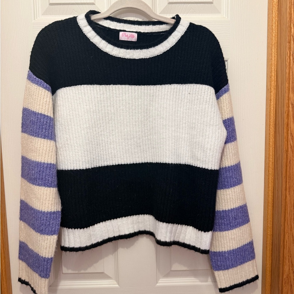 Pink Lily Black and White Sweater with Purple Stripes